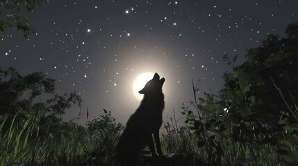 Naklejka na meble Wolf Howling at Full Moon in a Starry Night Sky Surrounded by Forest Trees
