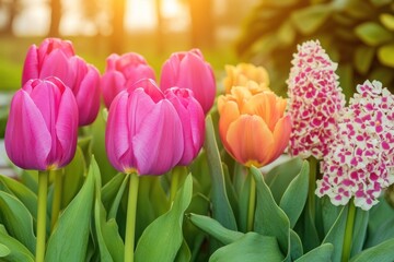 Wall Mural - Vibrant Tulip Garden at Sunrise - A Colorful Display of Nature's Beauty