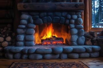 Wall Mural - rustic stone fireplace in a cozy log cabin, flames dancing brightly against a backdrop of warm wooden beams, creating an inviting ambiance with flickering shadows and soft orange light