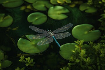 Wall Mural - A whimsical dragonfly with sparkling, translucent wings flying over a pond