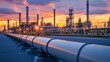 © DARIKA - A sprawling oil pipeline cutting through an industrial district at dusk, with factories and smokestacks silhouetted against the orange and purple hues of the setting sun, capturing the blend of