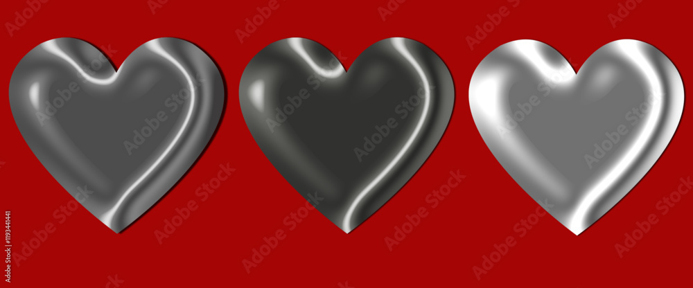 Collection of 3D shiny realistic heart balloons in silver ,black and ...