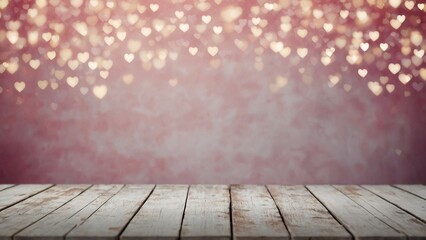 Wall Mural - Rustic vintage wood board mockup surface with pink heart shape bokeh background