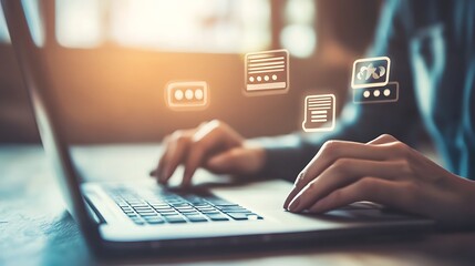 Canvas Print - Close-up of hands typing on laptop, digital interface icons hovering above.