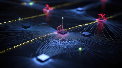 A futuristic representation of a quantum network with quantum computers communicating via entangled light signals and secure paths