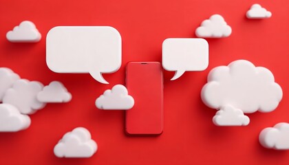 Smartphone, speech bubbles, modern tech, vibrant colors, social media concept, cloud icon, copy space, 3D render
