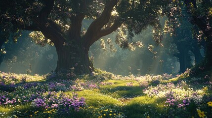 Wall Mural - A serene and enchanting forest scene featuring a large, majestic tree surrounded by vibrant wildflowers in various shades of purple, yellow, and white. Sunlight filters through the lush green leaves, 