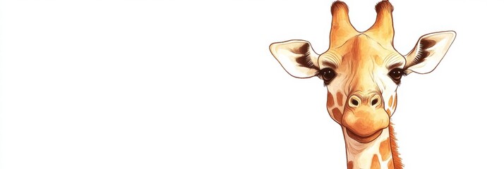 Poster - Giraffe smiling on a plain background, showcasing its distinct facial features and expressive eyes in an illustrated style. Generative AI