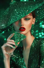 Wall Mural - a beautiful woman in a sequin dress holding an emerald cocktail glass, with red lips and nails, wearing a green hat