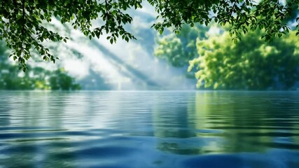 Wall Mural - Serene Lakeside Morning: Tranquil Water Reflecting Sunlight Through Lush Greenery