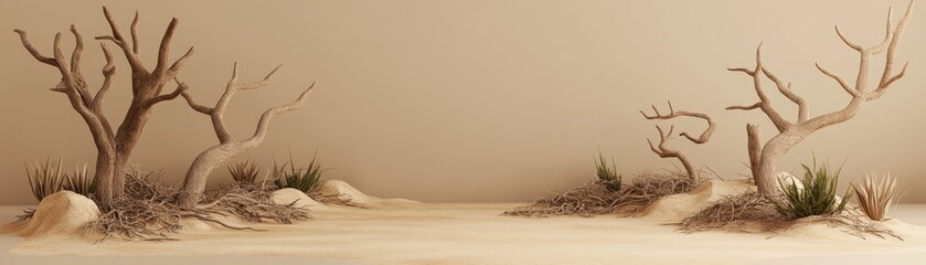 Desert landscape, barren trees, sand dunes, minimalist background, website banner