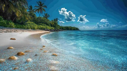 Tranquil beach with turquoise water, rocks, and palm trees.