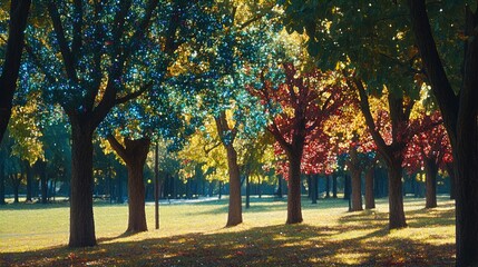 Wall Mural - A serene park scene featuring illuminated trees showcasing vibrant autumn colors, including shades of red, yellow, and golden green. Sparkling lights enhance the natural beauty, casting sparkling refl