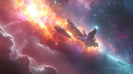 Poster - Spaceship Navigating Fiery Cosmic Nebula Clouds