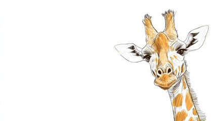 Poster - Giraffe peeking curiously against a white background showcasing its unique features and textures in a delightful illustration. Generative AI