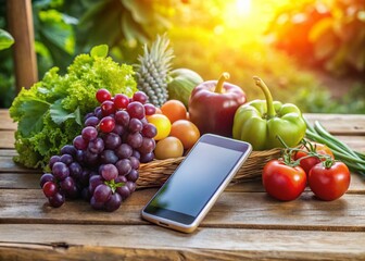 Wall Mural - Fresh Groceries & Smartphone on Rustic Wooden Table - Vibrant Summer Produce