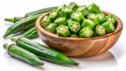 Wall Mural - Fresh Okra Ladyfingers Bindi Spilling from Wooden Bowl - Vibrant Produce Stock Photo