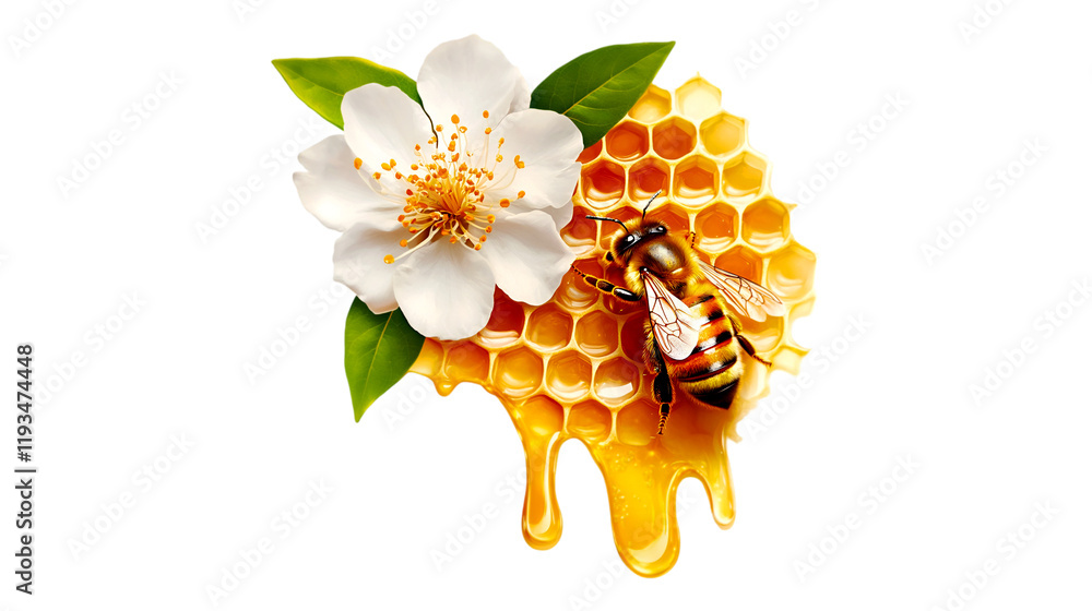 Intricate honeycomb with bees and flower isolated on transparent ...