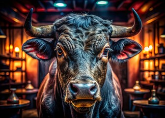 Wall Mural - Furious Bull Stares Intensely at Camera - Dramatic Food Photography