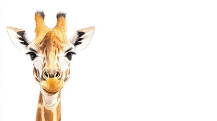 Poster - Giraffe gazes curiously with a playful expression against a plain white background in an illustrated artwork. Generative AI