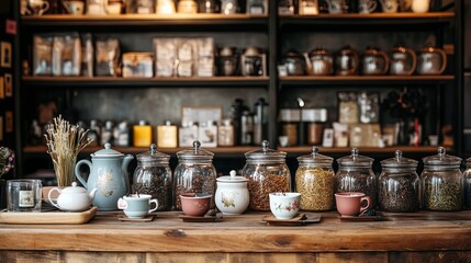 Wall Mural - A cozy tea shop counter with teapots, mugs, and jars of loose tea