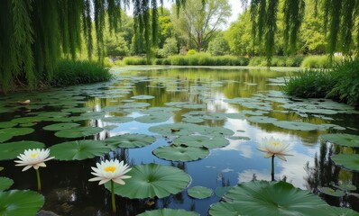 Canvas Print - Tranquil pond with blooming lilies