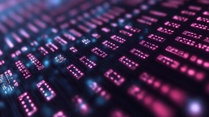 A glowing network of binary numbers and digital particles forming an abstract software programming concept ideal for website templates and tech banners