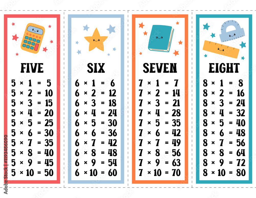Times tables vector set. Printable multiplication table of five, six ...