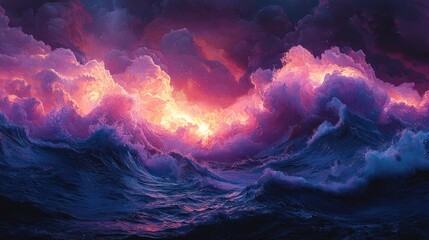 Sticker - Dramatic ocean waves under a vibrant, fiery sunset sky.