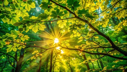 Wall Mural - Golden Hour Forest Canopy: Macro Photography of Green and Yellow Leaves at Sunset