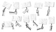 © WinWin - Mixed media hands holding placards. Crumpled paper blank protest or demonstration signs in halftone hand. Banners for activism, empty sign on stick for messages or announcements. isolated vector set.