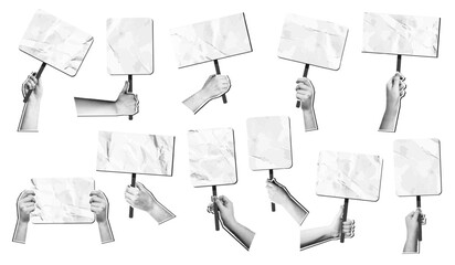 Mixed media hands holding placards. Crumpled paper blank protest or demonstration signs in halftone hand. Banners for activism, empty sign on stick for messages or announcements. isolated vector set.