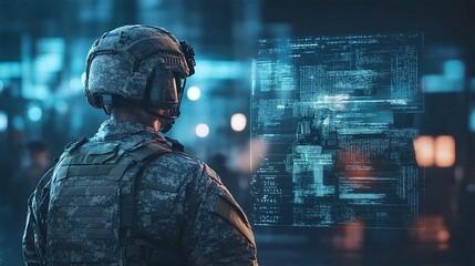 Wall Mural - A soldier standing in front of a computer screen displaying digital information.