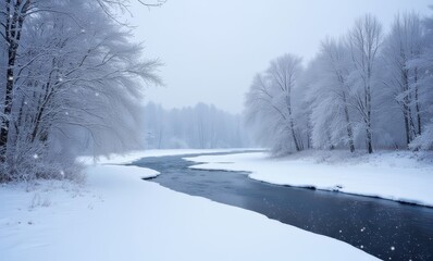 Sticker - Serene winter landscape with snowy river