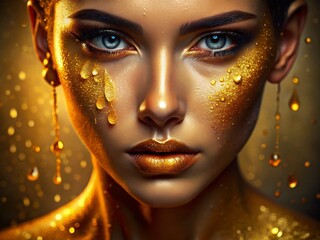 Wall Mural - Golden Water Drop on Skin, Close-up Portrait Photography