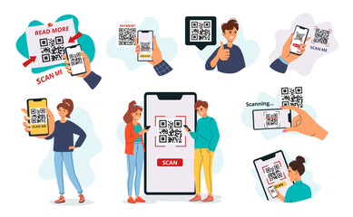 QR code frames with people. Cartoon characters using smartphones to scan qr codes, mobile scanning process and scan me templates with phone in hand. Vector illustrations set.