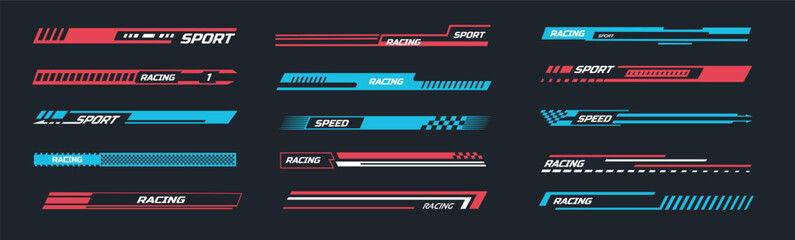 racing car stripe decal. dynamic sports labels and speed banner stickers with fast lines, checkered 