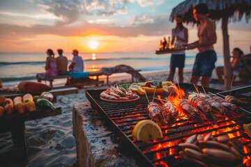 Sunset beach barbecue with friends