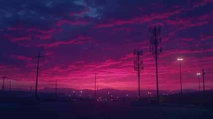 Wall Mural - Beautiful Sunset with Purple Clouds and Silhouetted Landscape