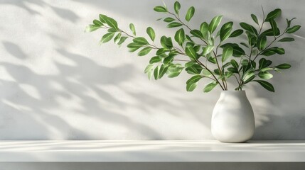 Wall Mural - Elegant Green Foliage in Minimalistic White Vase on Bright Surface