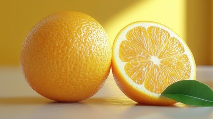 Wall Mural - Fresh Orange on Table with Yellow Background and Leaf Detail