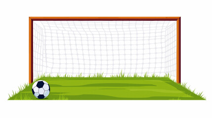 Illustrated soccer goal and soccer ball on green field isolated on white background.