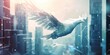 © PICK YOUR POV - A digital representation of a bird soaring through a futuristic cityscape.