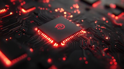 Close-Up View of a Microchip Illuminated with Red Lights and Circuits