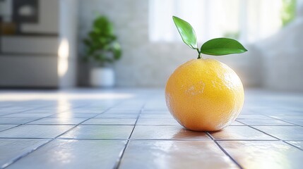 Wall Mural - Fresh Orange With Leaves on Bright Tiled Floor in Modern Interior