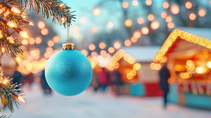 Wall Mural - Blue Christmas ball on pine branch with bokeh lights. Holiday decoration concept