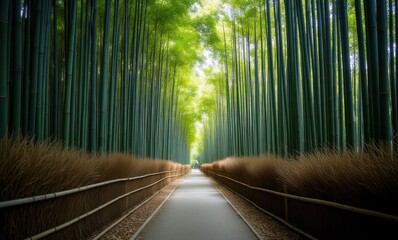 Canvas Print - Serene bamboo pathway in lush greenery