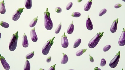 Wall Mural - Floating Purple Eggplants in White Background for Culinary Concepts