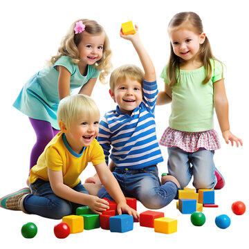 Happy Children Playing Colorful Blocks Together Preschool fun joy toys kids cute game     