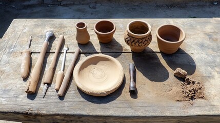 Wall Mural - A neatly arranged pottery wheel with tools and a half-finished clay vase